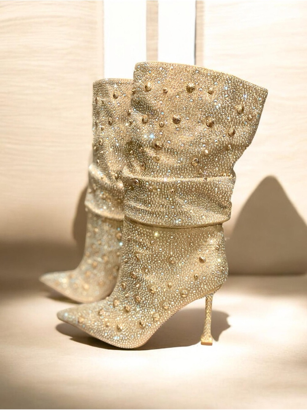 Gold Embellished Slouch Stiletto Ankle Boots - Women's
